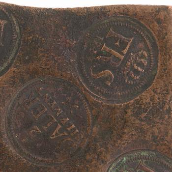 Plåtmynt, 1/2 daler silvermynt, koppar, Fredrik I, 1743.