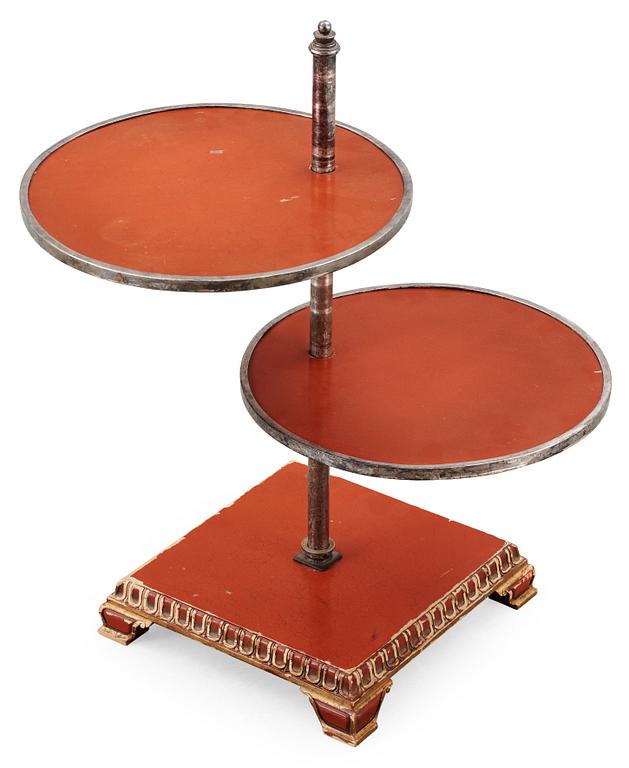 An Axel-Einar Hjorth red lacquer table 'Åbo' on a silver plated brass leg, Nordiska Kompaniet (NK) 1929-30.