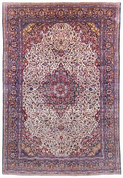 323. An antique silk Kashan carpet, c. 378 x 259 cm.