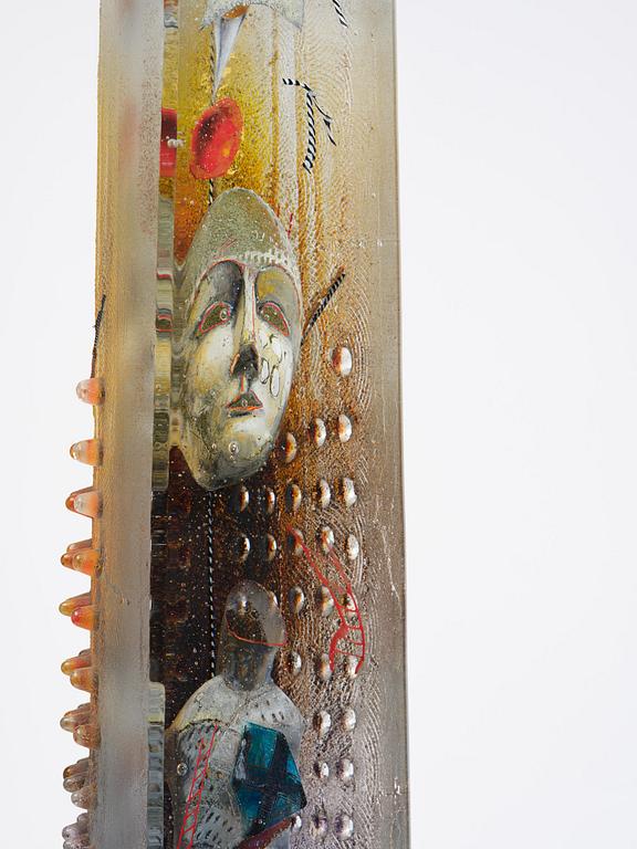 Bertil Vallien, a sand cast glass sculpture of a standing half-boat, Kosta Boda, Sweden.