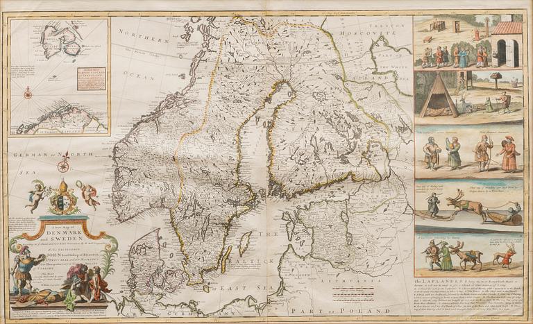 AN OLD ANTIQUE MAP,hand-coloured copper engraving, Scandinavia with 5 vignettes of the Laplanders, H. Moll London 1715.