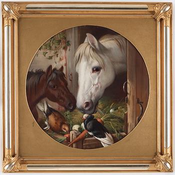 JOHN FREDERICK HERRING, SR, signerad. Papp-pannå uppfodrad på duk 54 x 54 cm, Bildyta: 47 cm.