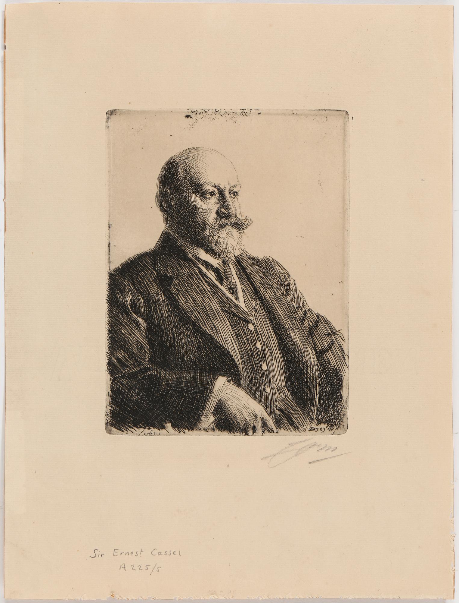 ANDERS ZORN etsning, "Sir Ernest Cassel", signerad i blyerts, signerad och daterad 1909 i plåten.