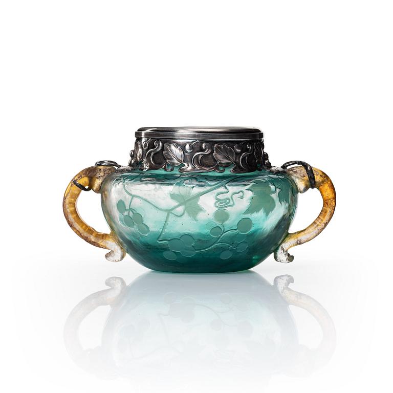 Emile Gallé, an Art Nouveau glass bowl, Nancy, France, with silver mounts by Ovchinnikov, Moscow.