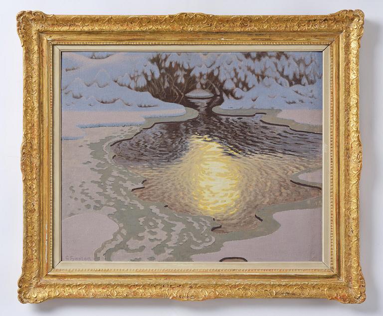 Gustaf Fjaestad, Winter landscape with sunlit watercourse.