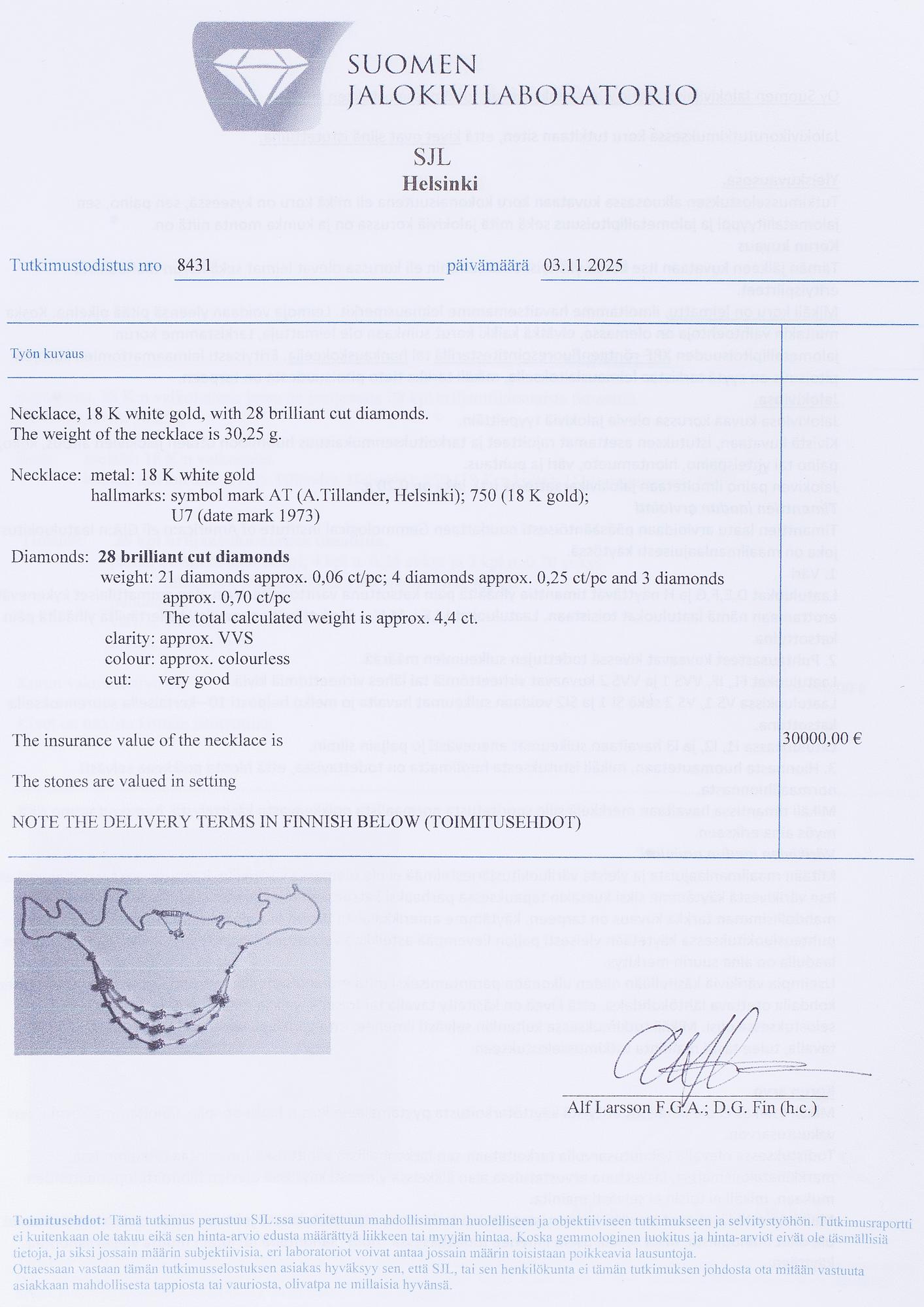 Collier, 18K vitguld med briljantslipade diamanter. A Tillander 1973.