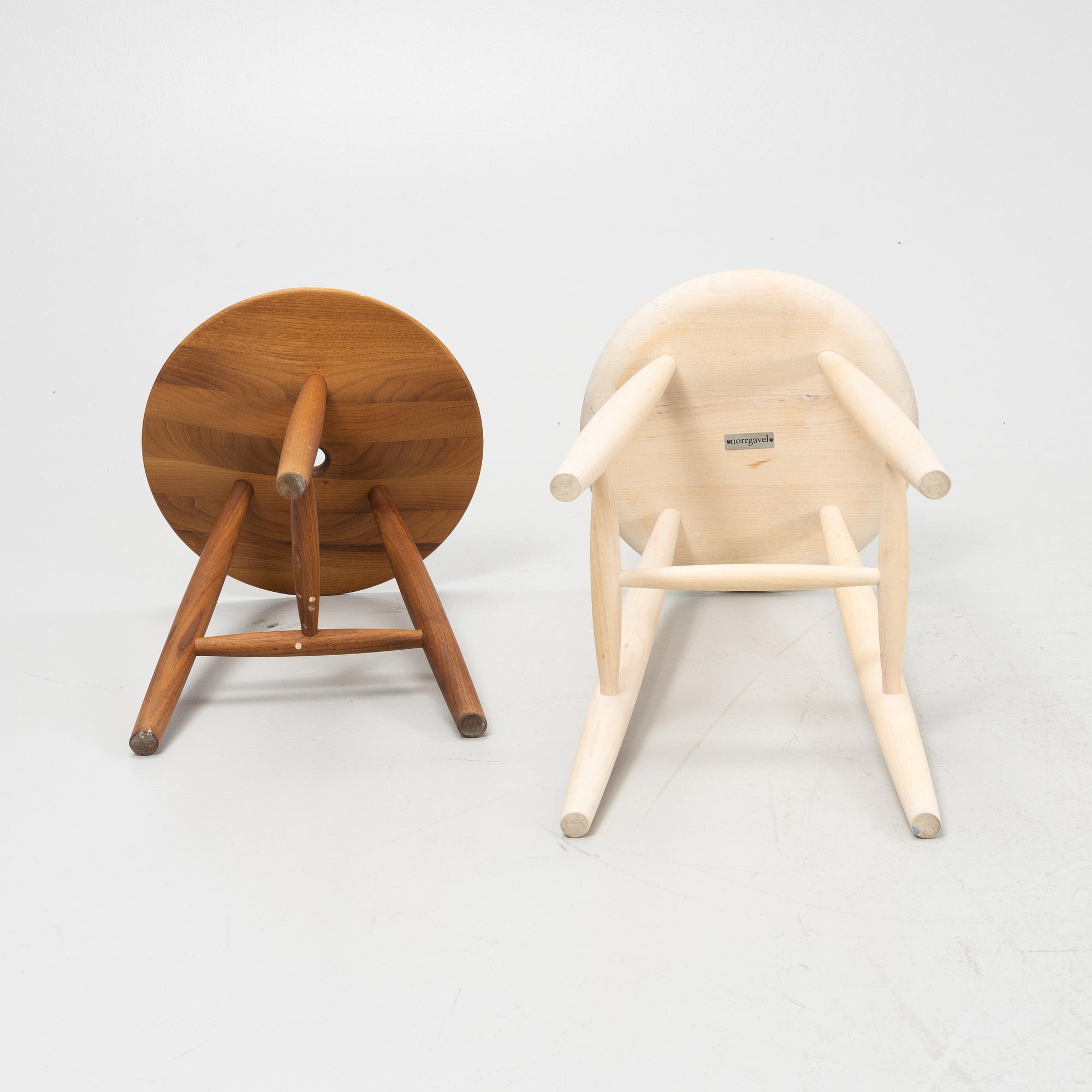 A birch bar stool and an oak stool, Norrgavel.