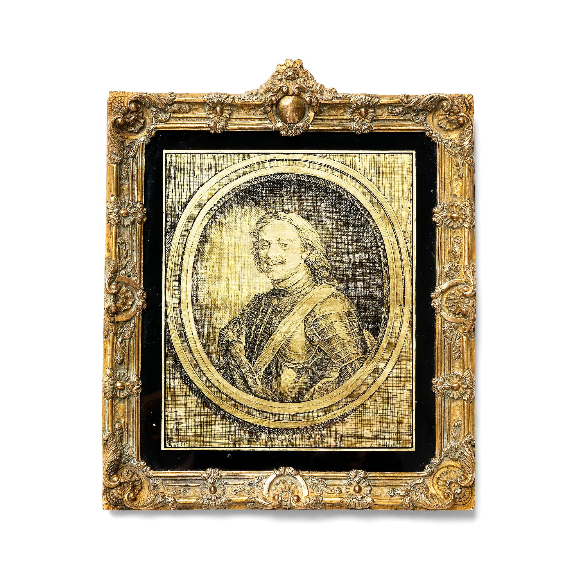 Glasmålning, 1700-talets senare del, Peter den store, efter Carel de Moor,  förgylld rokokoram,