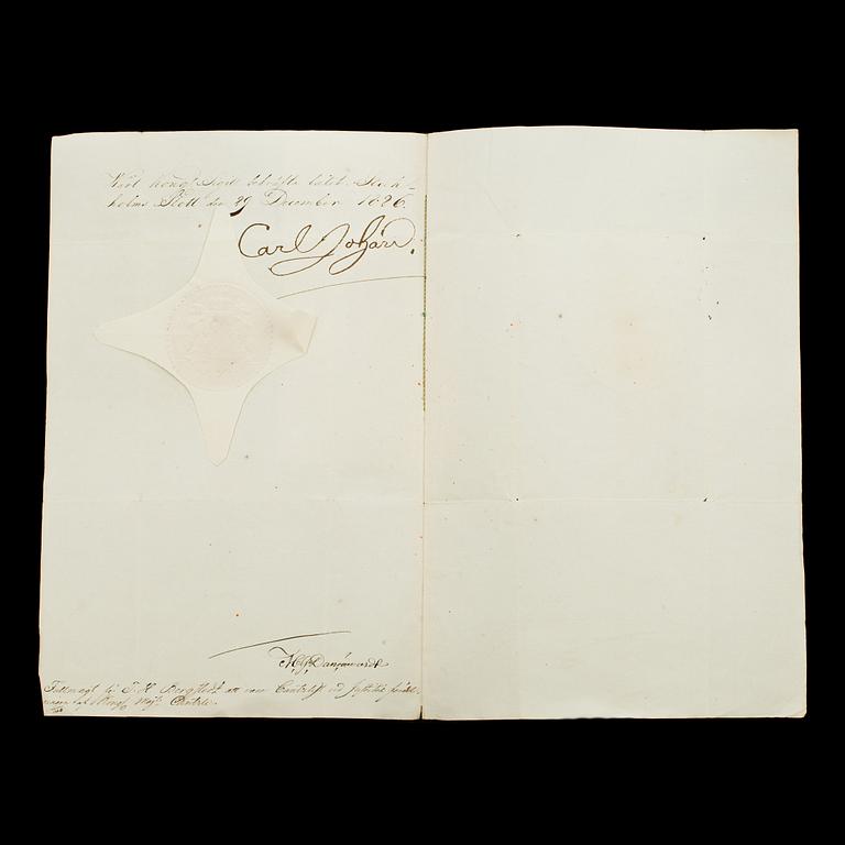 KUNGLIG AUTOGRAF, Konung Karl XIV Johan av Sverige-Norge, dat 1826.