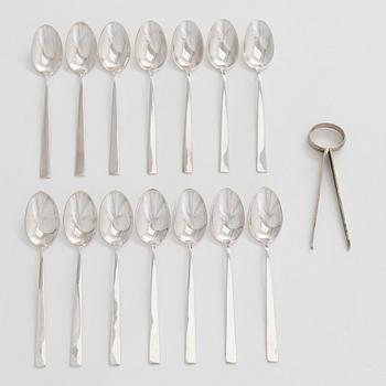 Bertel Gardberg, kaffeskedar, 14 kpl, samt sockertång, silver, "Birgitta", Kultateollisuus, Åbo 1968-1993.