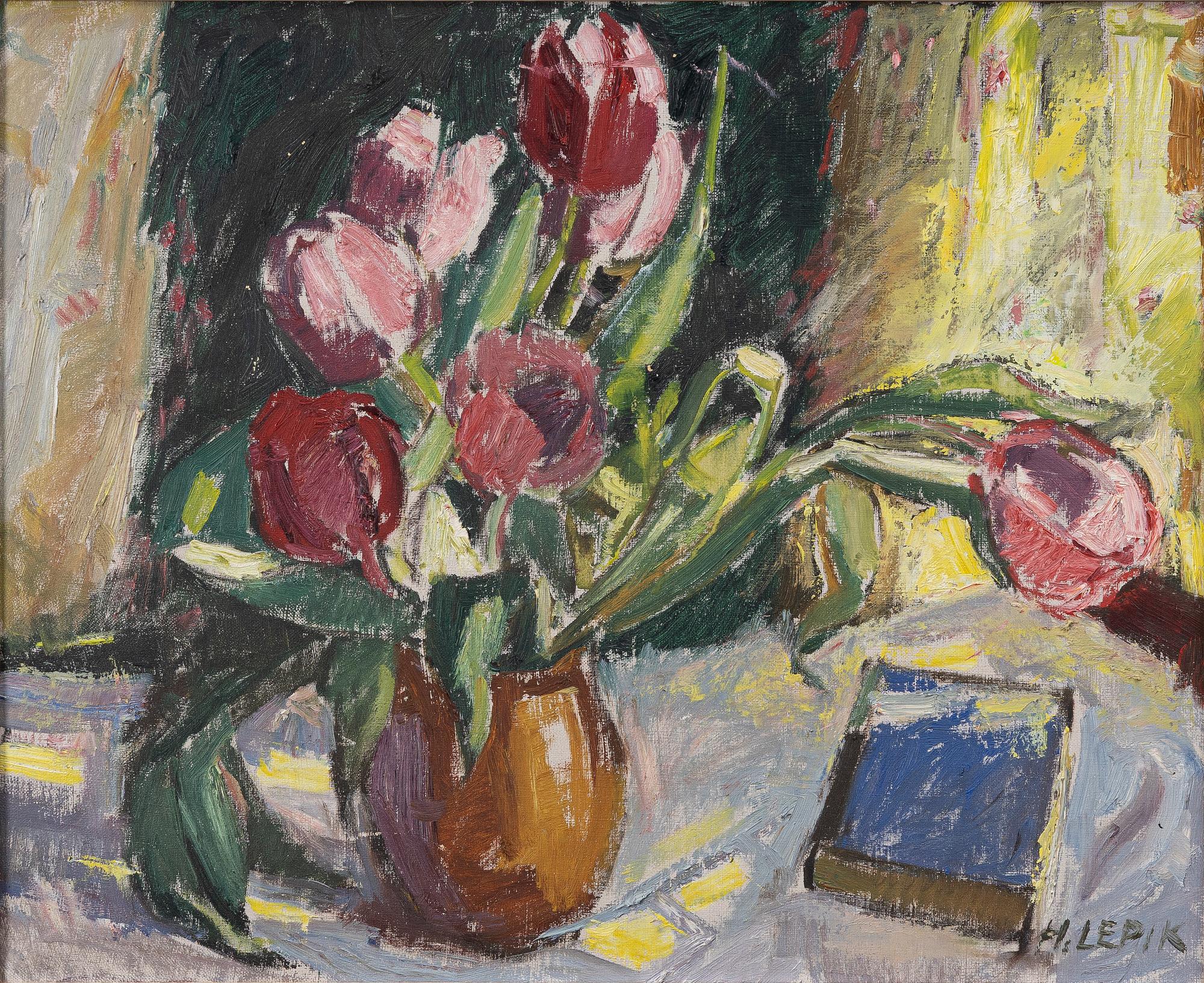Hugo Lepik, Floral still life with a book.