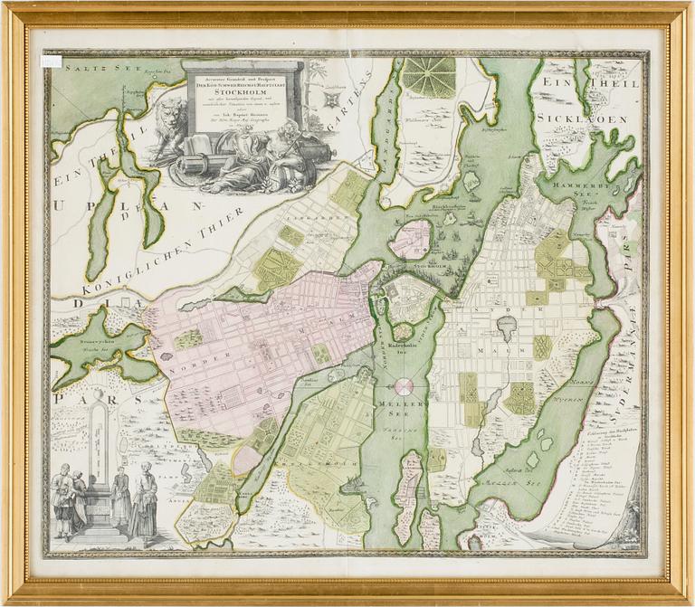 JOHAN BAPTISTA HOMANN, karta, gravyr, "Stockholm", 1700-tal.