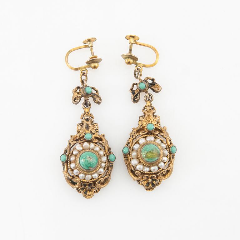 Earrings, a pair with enamel, turquoises, and cultured seed pearls, circa 1900.