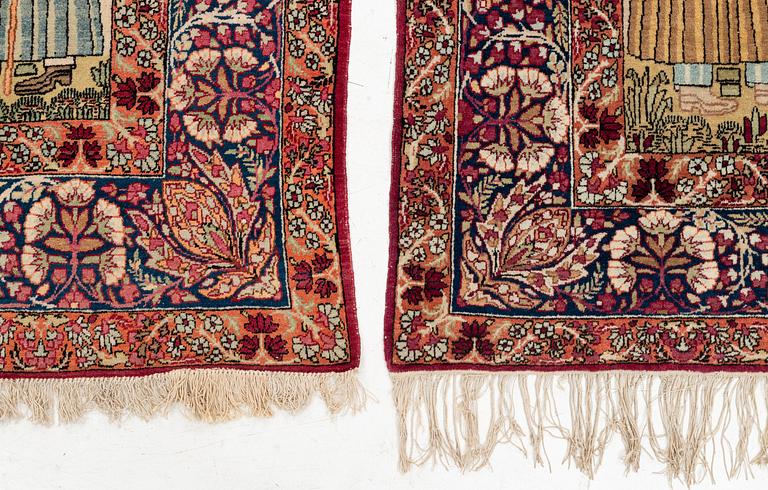 A pair of antique Kerman Raver rugs, c 215-220 x 135-139 cm.