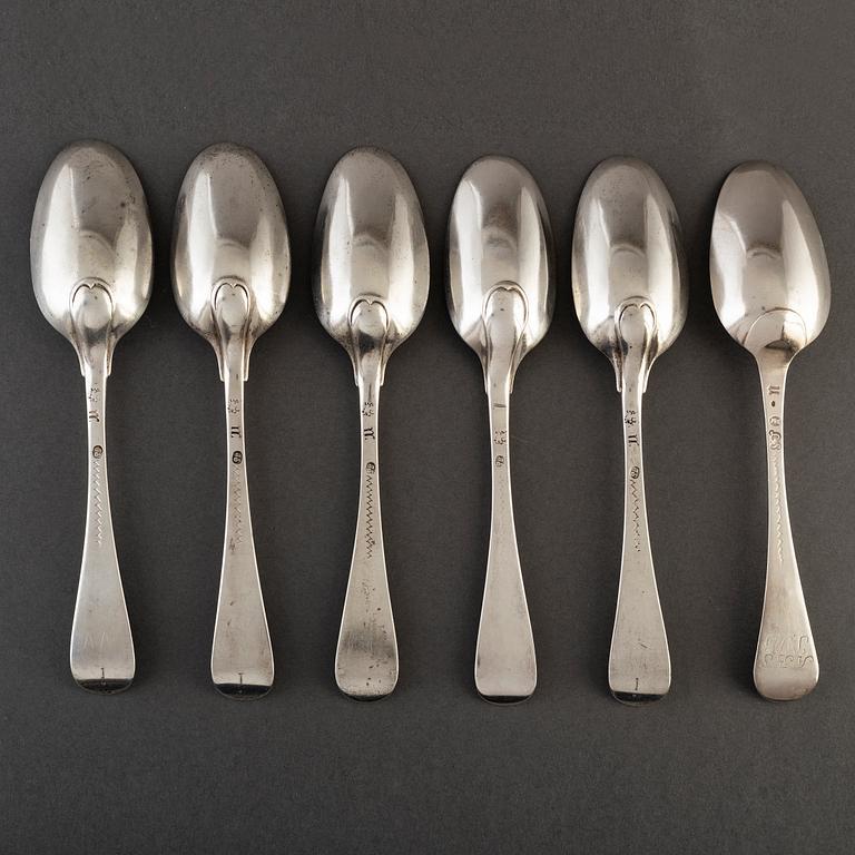 6 silver spoons, mid 18th century.