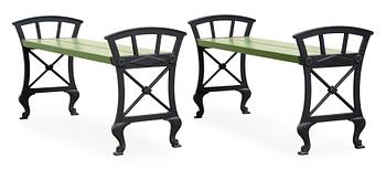 A pair of Folke Bensow cast iron park benches 'No 2', Näfveqvarn, Sweden.