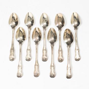 Petter Gökblad, a set of nine 'Engelsk snäck' silver tea spoons, Sweden, 1854.