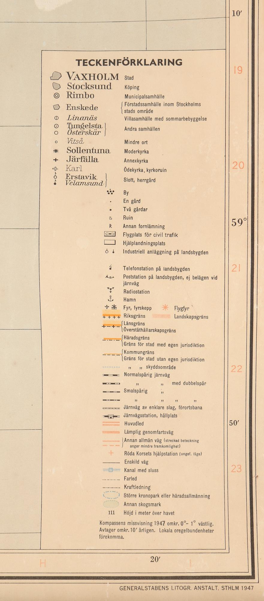KARTA, Generalstabens litografiska Anstalt. "Stockholms och Uppsala län", 1947.