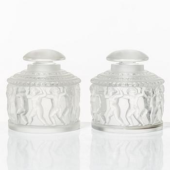 René Lalique, flacons with lids, a pair, glass, "Les Enfants", France, signed.