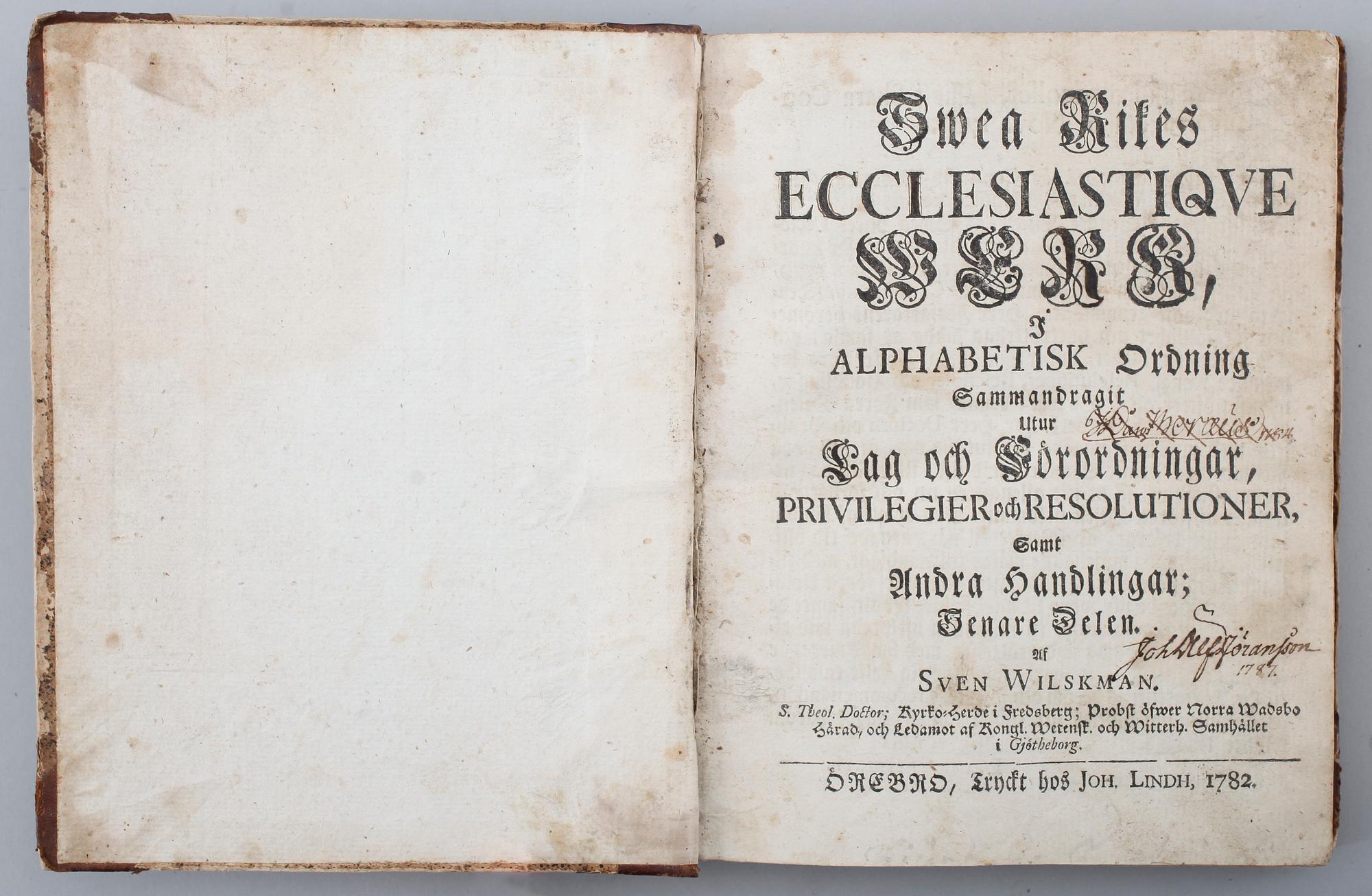 BOK: Swea Rikes Ecclesiastique Werk I Alphabetisk Ordning af Sven Wilskman, tryckt 1782.Hfrb.