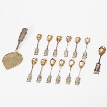 Cutlery, 14 pcs, silver, with decoration of Sámi and reindeer, among others Fritz Olsson, Luleå 1965.