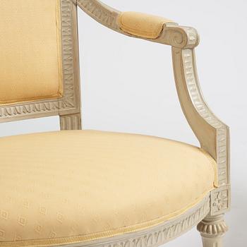 A matched pair of Gustavian armchairs, one signed by Johan Lindgren Stockholm.