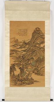 Qian Weicheng, (China 1720-1772), ink and colour on silk. 'Mountainious landscape'.