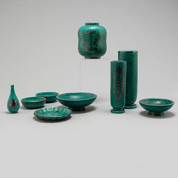 Nine 'Argenta' stoneware objects by Wilhelm Kåge, Gustavsberg, 1900-talets mitt.