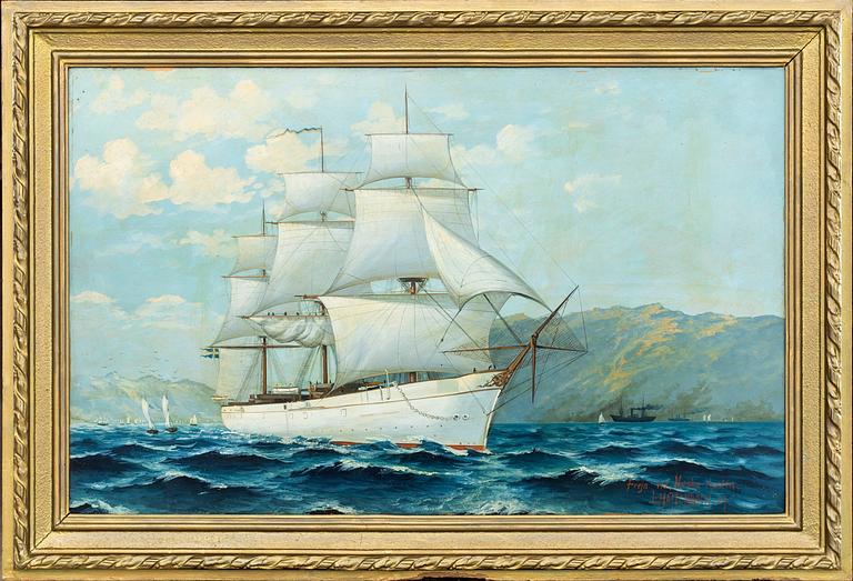 HMS FREJA, fullriggare, signerad L Hattenbach -09, olja på panå.