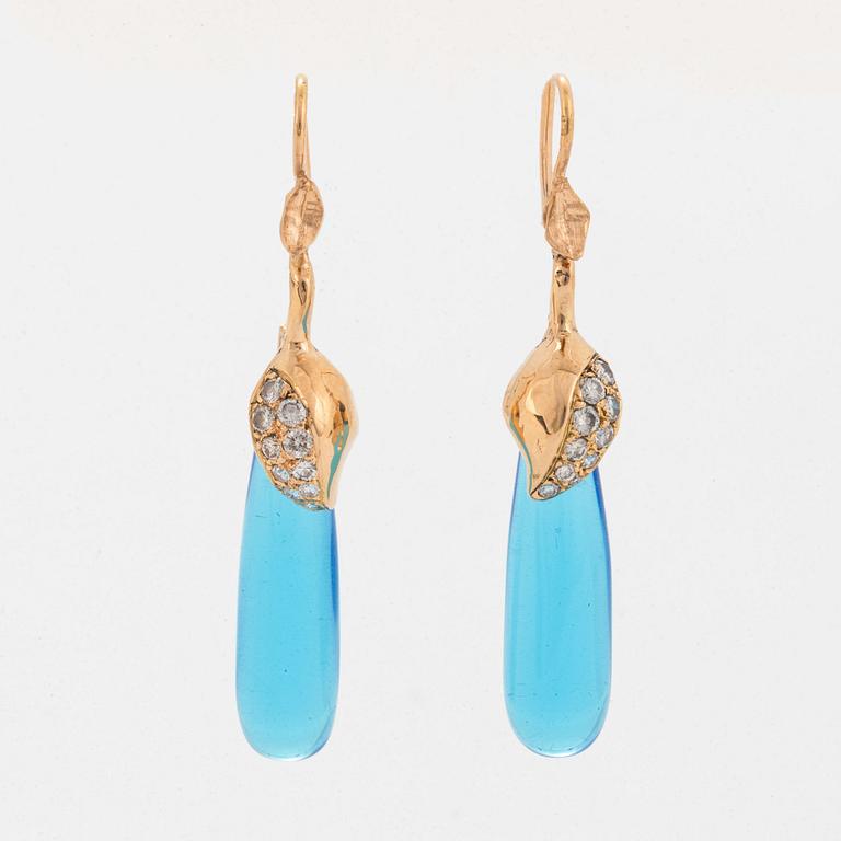 Colour treated blue quartz drop and brilliant-cut diamond earrings.