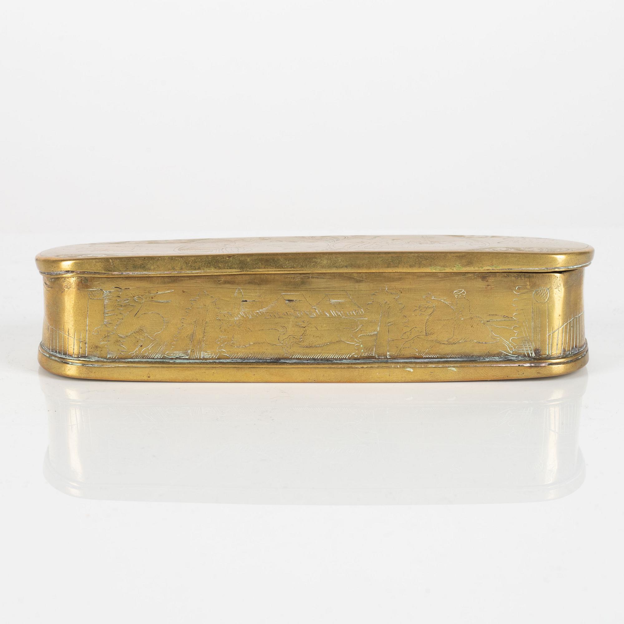 A dutch engraved brass snuffbox, 18th century.