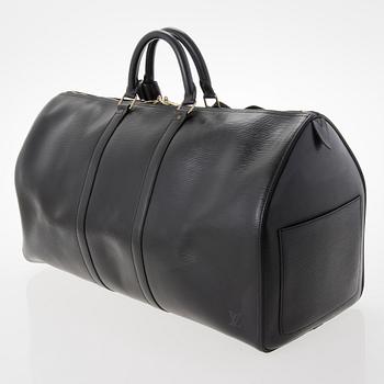 LOUIS VUITTON, BLACK EPI LEATHER KEEPALL 55 TRAVEL BAG.