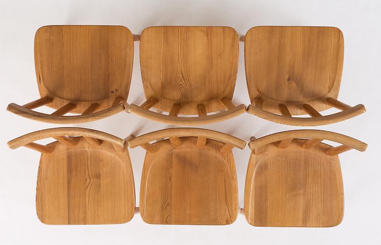 Axel Einar Hjorth, a set of six stained pine "Utö" chairs, Nordiska Kompaniet, Sweden, 1930s.