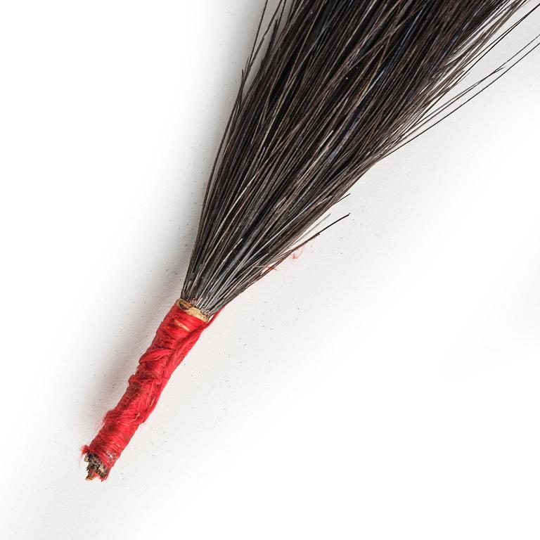 Two boxes with a mandarin's summer hat and black satin autumn hat and feather with six mandarin hat insignias.