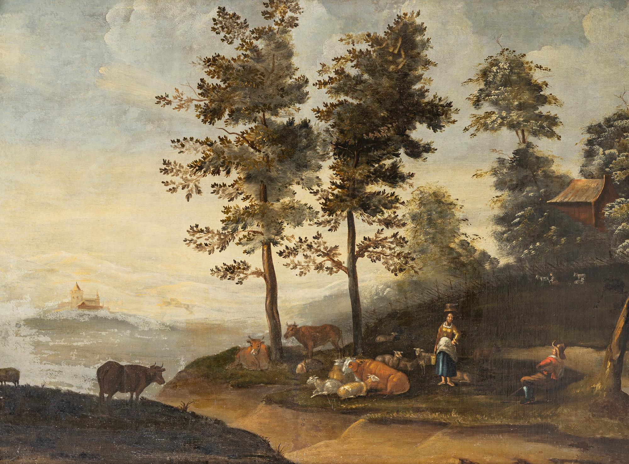Aelbert Cuyp, follower of., Pastoral coastal landscape with figures and livestock.