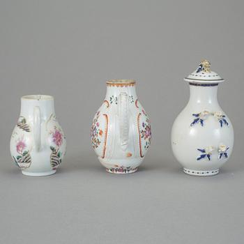 KANNOR, 3 st, kompaniporslin, Kina, 1700-tal.