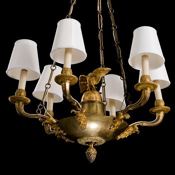 An Empire early 19th century gilt bronze six-light hanging lamp.