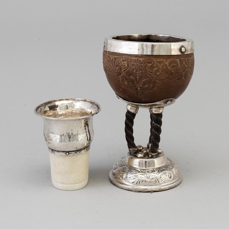 A Swedish Art Nouveau silver and coconut stemcup and a silver and ivory beaker, Makers mark Märta af Ekenstam, Malmö.