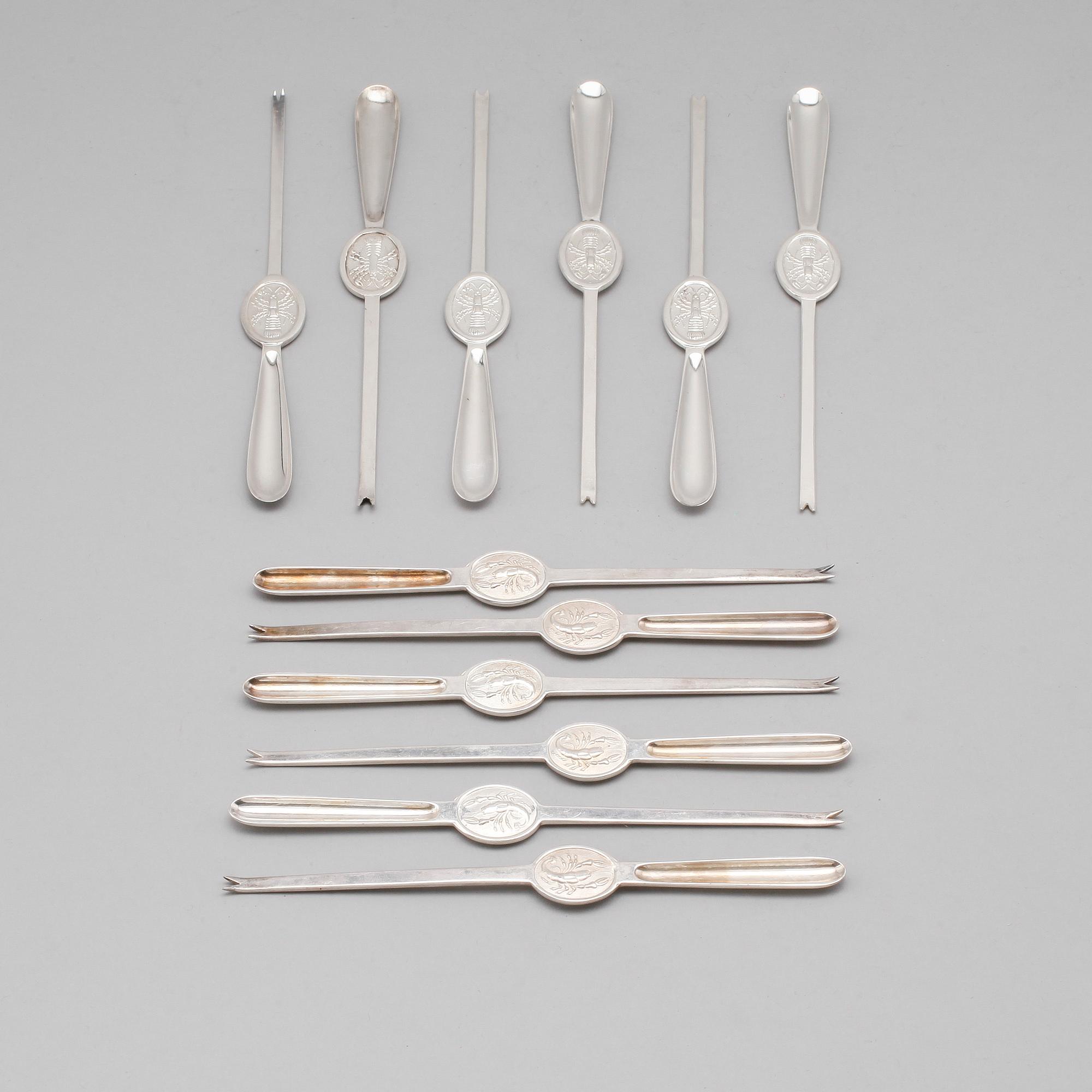SKALDJURSBESTICK, 12 st (6+6), nysilver, bl a C G Hallberg, 1900-talets mitt.