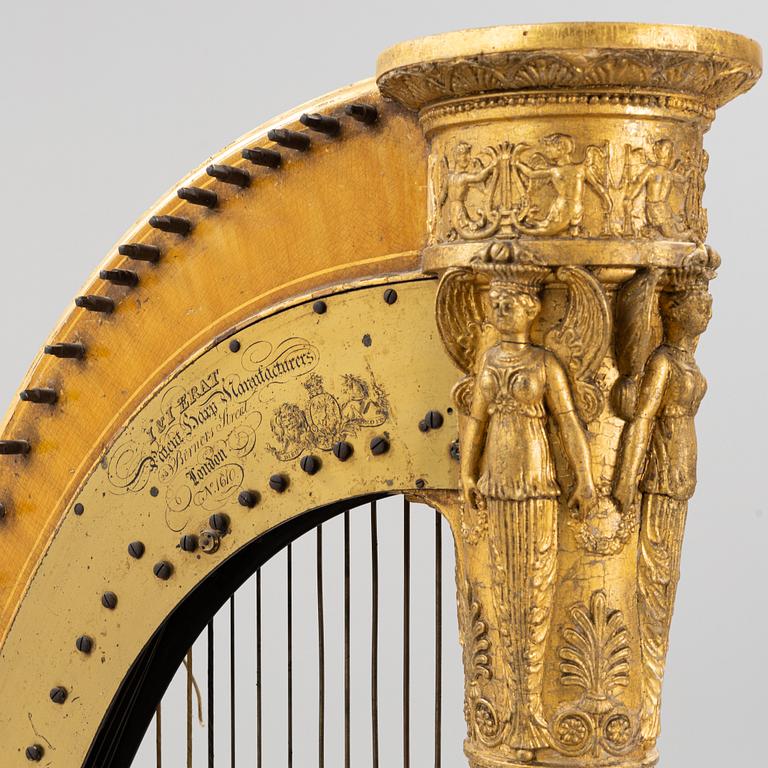 A pedal harp by Jacob & James Erat, London, No 1610, probably made between 1825-1830.