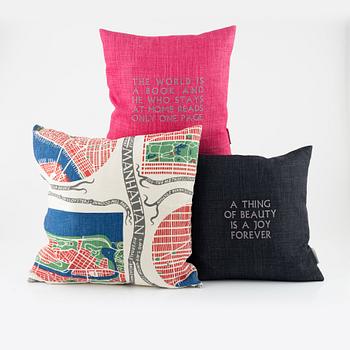 Svenskt Tenn, three pillows including 'Manhattan' by Josef Frank, Sweden.