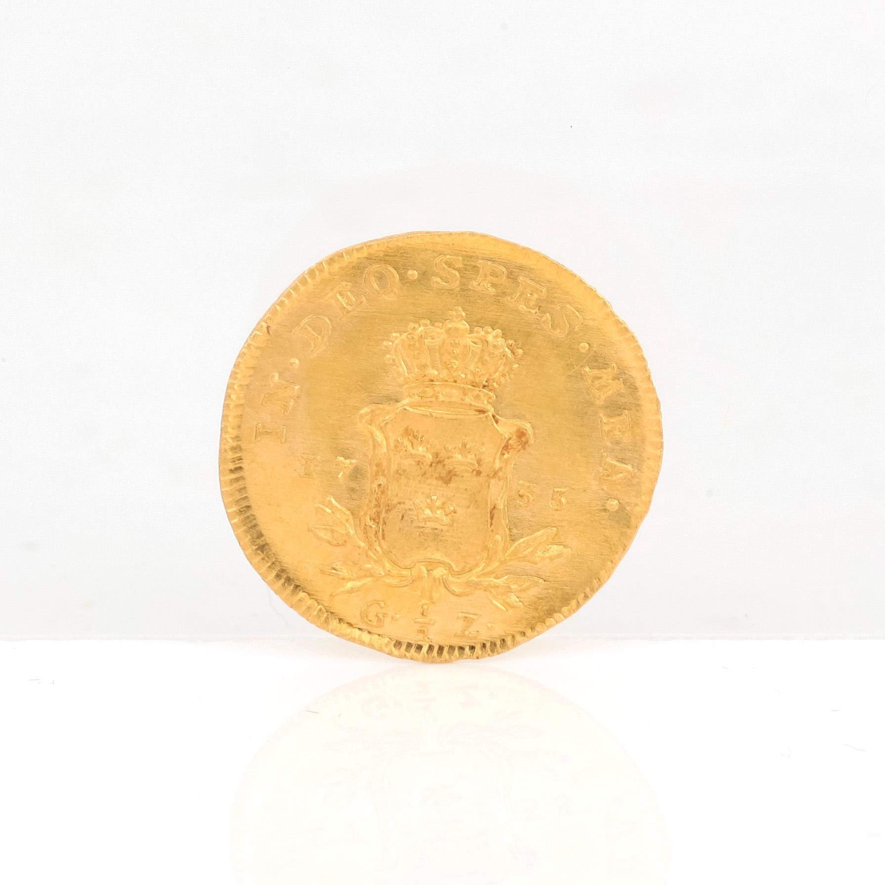 GULDMYNT, 1/2 Dukat, Fredrik I av Sverige, 1735. Vikt ca 1,7 gram.
