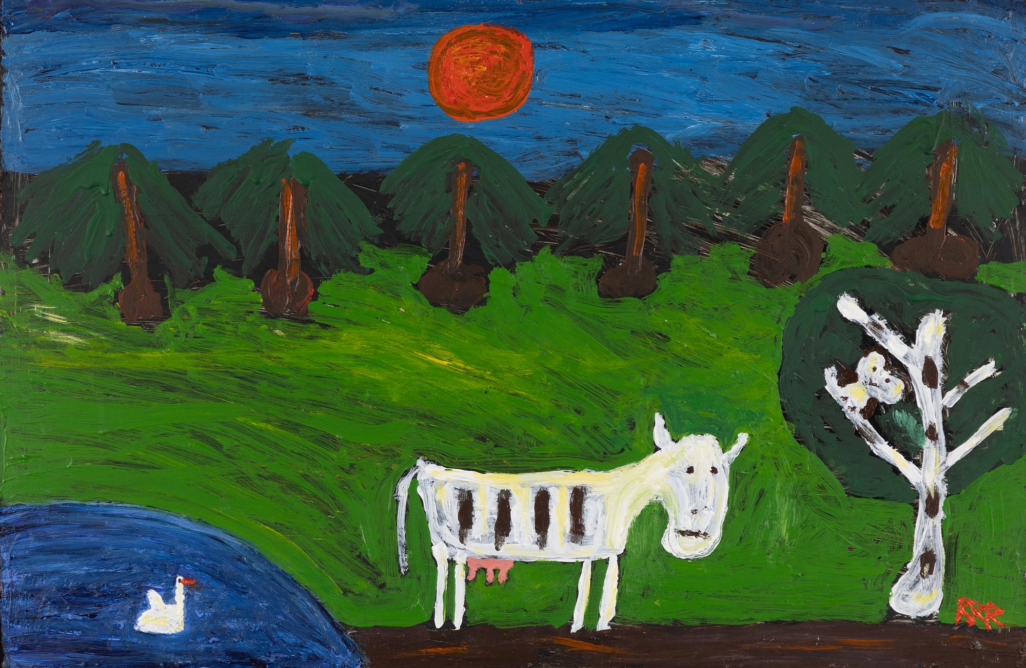 Roger Risberg, Summer landscape with cow, owl and swan.