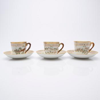 Royal Copenhagen, Coffee cups with saucers, three pieces, porcelain, 'Flora Danica', Royal Copenhagen, Denmark, 20th century.