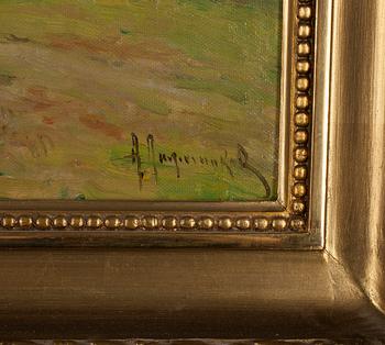 OKÄND KONSTNÄR, olja på duk, uppfodrad på pannå, signerad.