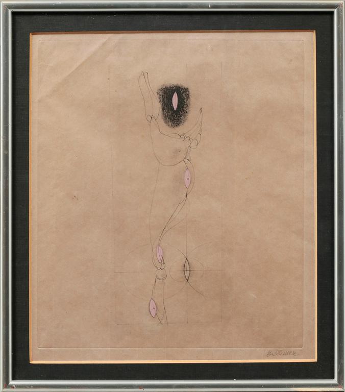 HANS BELLMER, etsningar, 3 st, delvis kolorerade, signerade.