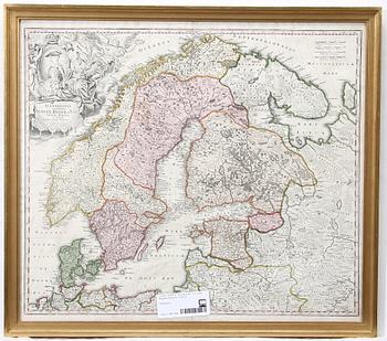 KARTA, "Scandinavia". Av Johan Baptista Homann. 1700-tal.