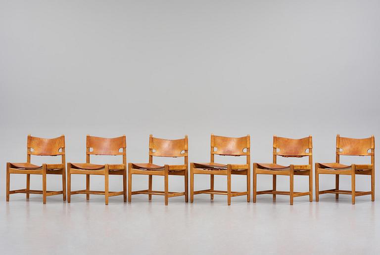 Børge Mogensen, a set of eight "Jagtspisestol"/"Spanish Dining" chairs model 3237 & 3238, Fredericia Stolefabrik, Denmark.