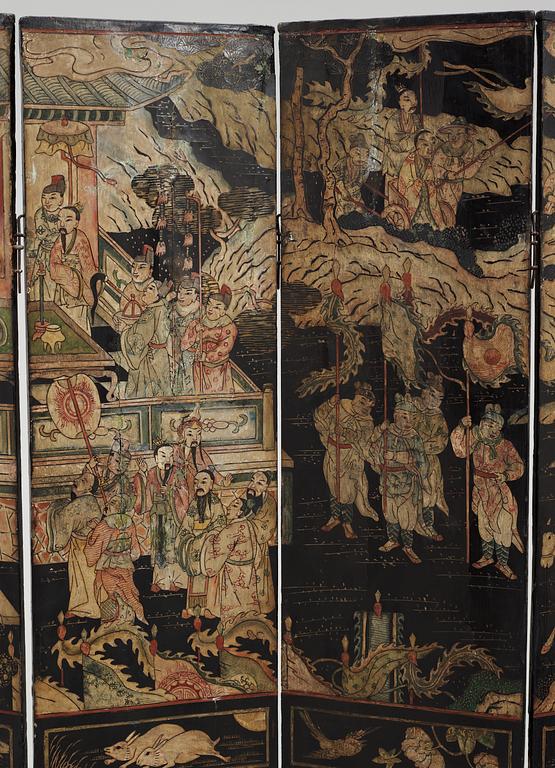 An eight panel lacquer screen, Qing dynasty, presumably Kangxi (1662-1722).