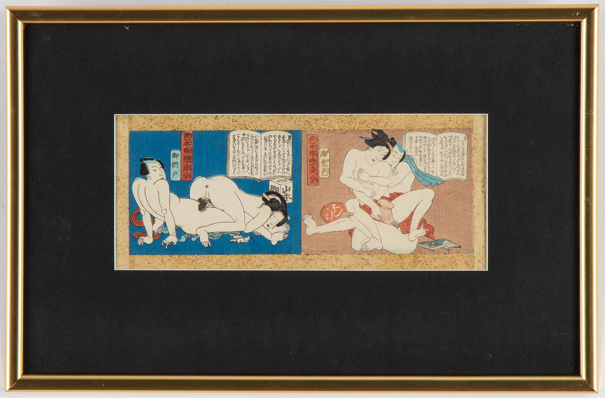 Blad ur album, 6 st, färgträsnitt. Japan, sent 1800/tidigt 1900-tal.